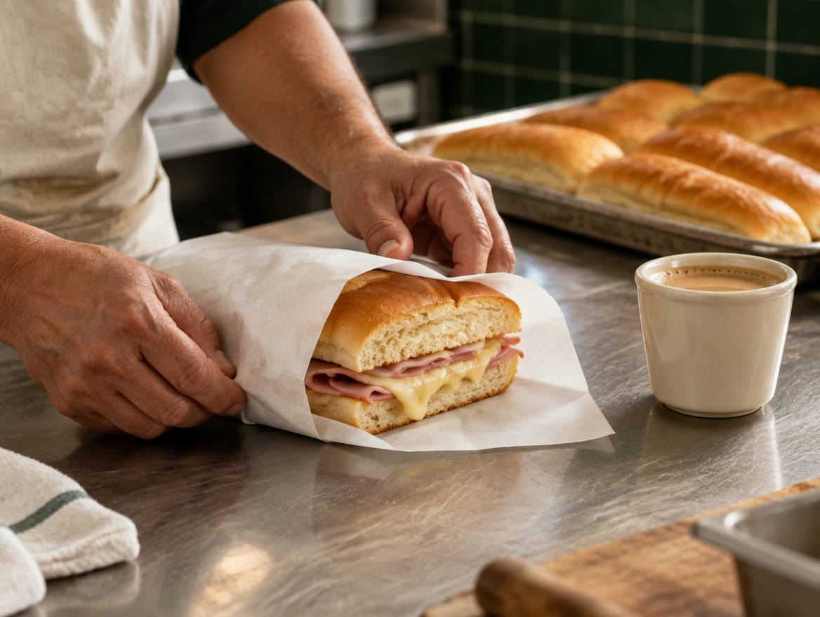 Una persona prepara un sándwich de pan fresco junto a un café